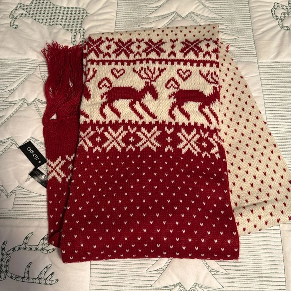 Rikka Red and Cream Festive Knit Scarf with Reindeer Pattern-48”x9” -NWT